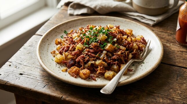 Crispy corned beef hash with diced potatoes on a ceramic plate. Hearty homemade breakfast with fresh parsley garnish on a rustic wooden table. Traditional American comfort food