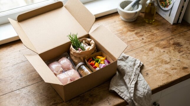 Open cardboard box with meal kit ingredients on a wooden kitchen counter. Vacuum sealed raw chicken and fresh chopped vegetables for home cooking. Food delivery service concept