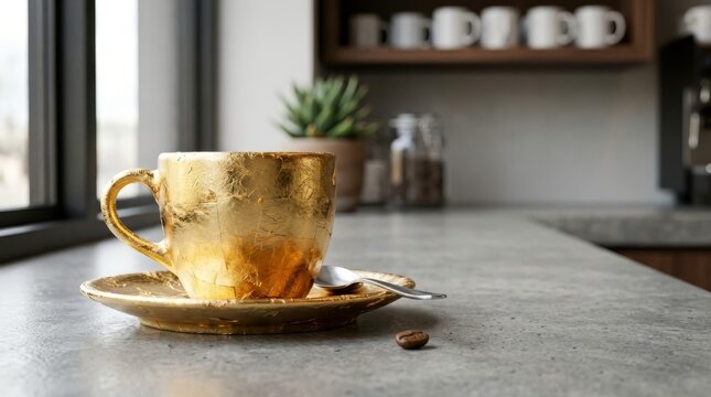 Extravagant gold leaf covered coffee cup and saucer on a concrete counter. Metallic golden mug with a silver spoon and roasted bean. Luxury beverage concept