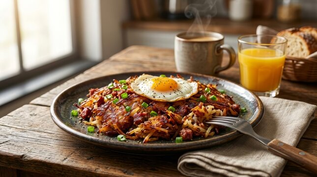 Crispy corned beef hash topped with a fried egg on a rustic plate. Traditional American breakfast with coffee and orange juice on a wooden table