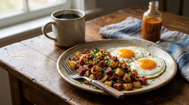 Hearty corned beef hash with diced potatoes and two fried eggs. Traditional breakfast plate with black coffee and hot sauce on a rustic wooden table