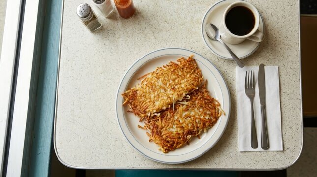 Top view of crispy golden hash browns on a classic diner plate. Traditional American breakfast flat lay with black coffee on a retro table