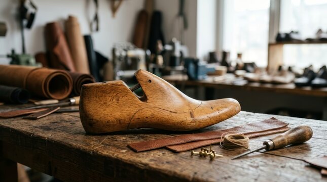 Wooden shoe last on rustic workbench in cobbler workshop. Traditional shoemaking craft with leather strips and tools