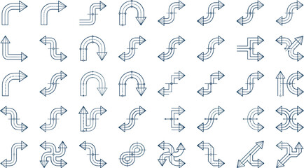Obraz premium Set of dark blue outline arrow featuring complex paths, curves, loops, and multi-directional navigation flow symbols