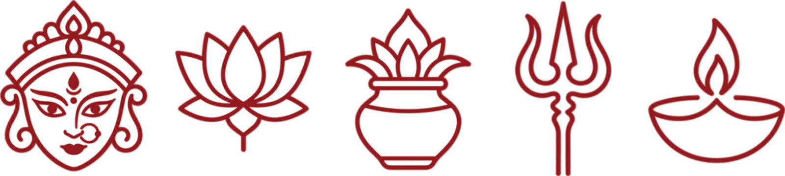 Set of traditional indian festival including goddess durga face, lotus flower, kalash pot, trident, and diya lamp in red outline
