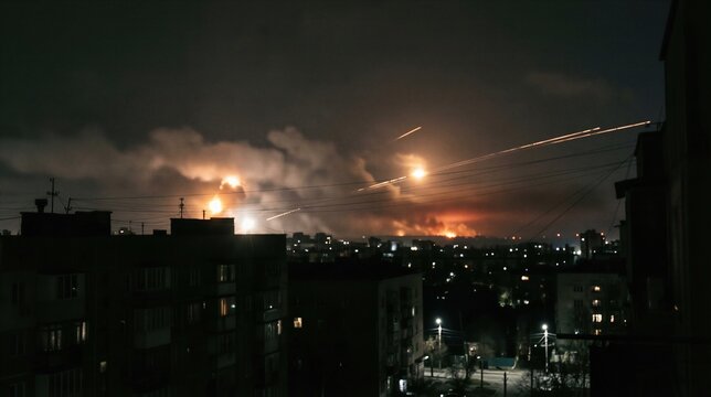 City skyline under rocket attack at night. Explosions and missile tracers illuminating the darkness over urban buildings. Military conflict and humanitarian crisis in war zone.