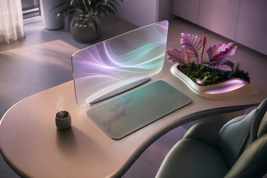 Overhead View of Health Tech Desk with Transparent Screen, Bio-I