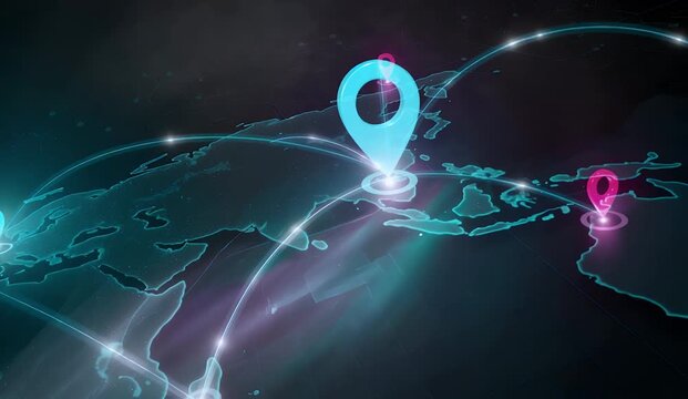 Digital world map with glowing location pins and interconnected lines representing global network and data flow.