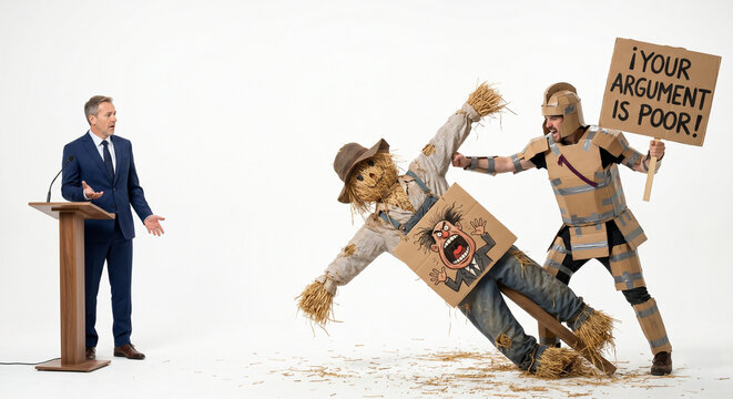 Debate Battle: A political commentator speaks at a podium while a scarecrow character is knocked over by a knight in cardboard armor, who holds a sign stating YOUR ARGUMENT IS POOR.