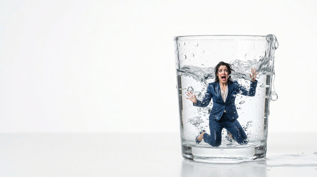 Drowning in Tasks: A businesswoman in a suit is trapped inside a glass of water, struggling and panicking as water splashes around her, symbolizing overwhelming pressure and stress.