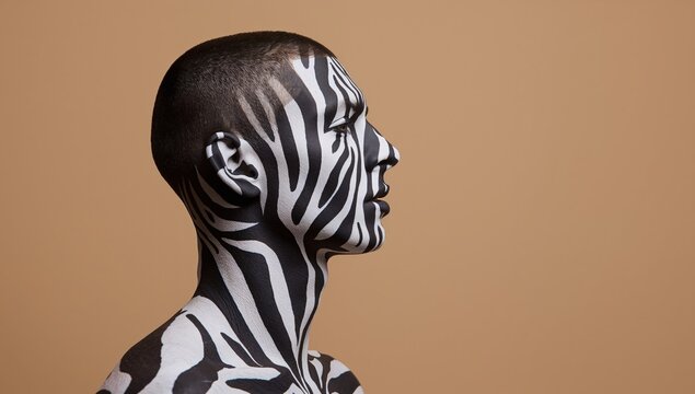Male model with body paint featuring black and white zebra stripes poses in profile against a solid beige background, showcasing unique artistic expression and creativity