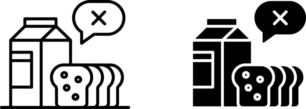 Milk and bread food allergen warning sign or dietary restriction icon set with allergen prohibited restricted intolerance nutrition silhouette
