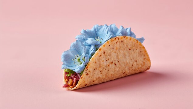 Taco shell filled with colorful vegetables and topped with blue flowers, placed on a soft pink background for a creative food presentation