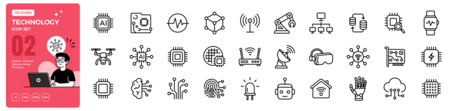 Artificial intelligence and technology line icon set. AI, machine learning, Innovation technology, robot, bot, brain, futuristic tech element collection. Editable stroke. Vector illustration. 