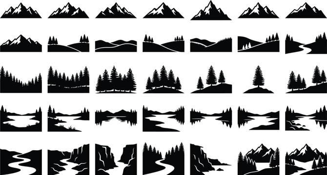Black and white of various mountain peaks and mountain silhouettes mountain range mountain outline
