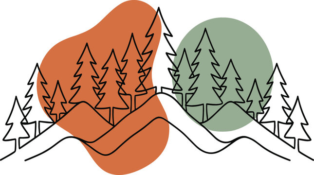 Minimalist boho mountain landscape vector illustration featuring sketch line art pine tree forest peaks with abstract earth tone shapes background.