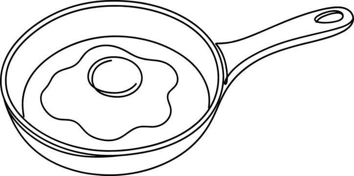 Minimalist hand drawn frying pan with a fried egg vector illustration featuring a sketchy black outline isolated on white.