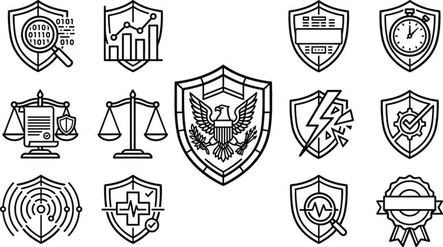 Security shield emblem line icon vector set featuring legal scales, growth chart, american eagle coat of arms, lightning bolt, and medical cross.