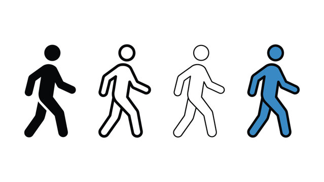 Four walking human stick figures in different colors on white background