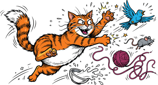 Playful ginger tabby cat chasing a blue bird and grey mouse vector illustration with spilled milk bowl and yarn ball.