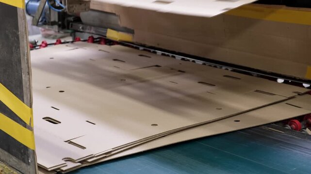 High speed conveyor system moving pre cut corrugated cardboard box templates inside a modern automated packaging plant.