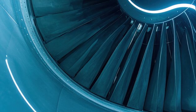 Close-up of Jet Engine Turbine Blades, Abstract Blue Technology Background