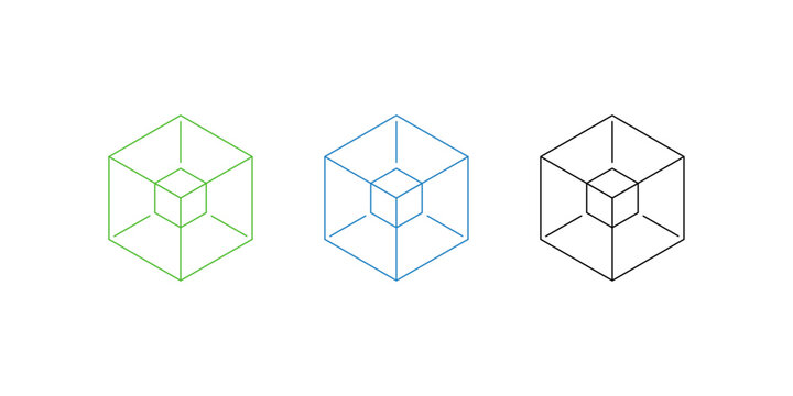 Blockchain Cube Within Cube Isometric Line Icon Set