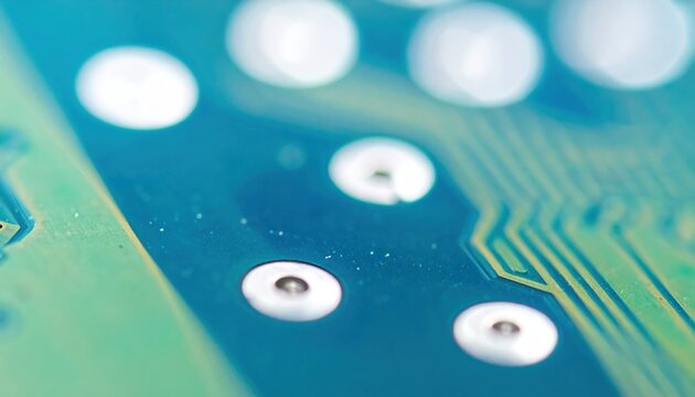 Close-up Macro of Circuit Board with Blue Solder Mask and Copper Traces