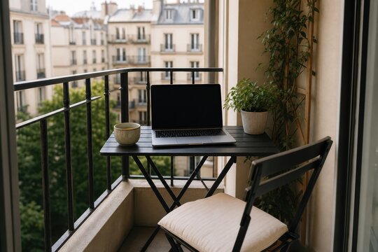 Workspace on a small balcony with a laptop, a plant, and a cup in a city setting