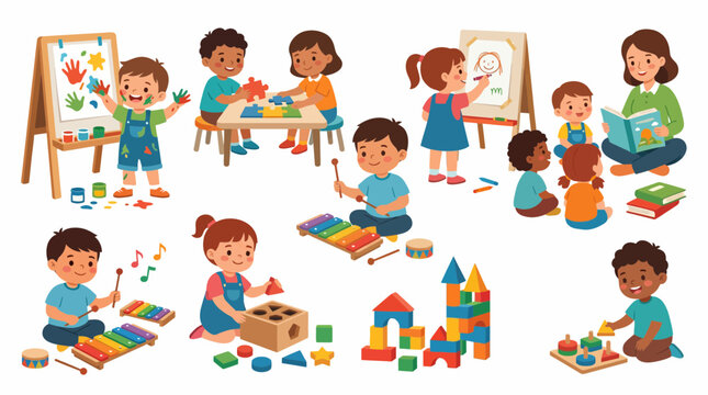 Diverse preschool children engaging in educational activities and playing together