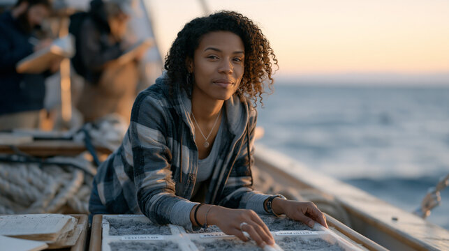 Marine biologist aboard a research vessel hauling sediment core samples at dawn, kneeling over labeled specimen trays on a pitching deck, oceanography field instruments secured