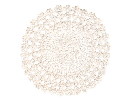 Delicate white crocheted doily featuring intricate floral lace pattern and scalloped edge isolated cutout on transparent background