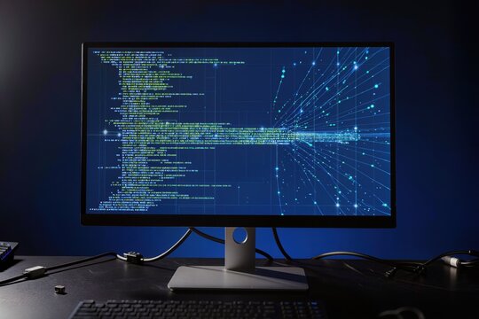 &Eacute;cran d'ordinateur affichant une visualisation de code informatique et de flux de donn&eacute;es num&eacute;riques en cybers&eacute;curit&eacute;
