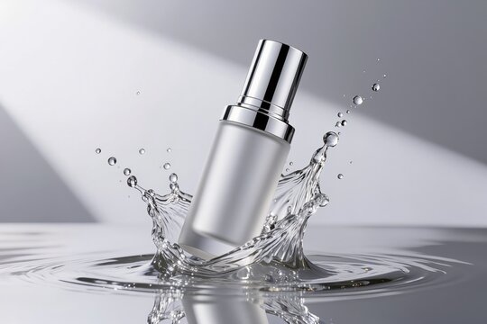Flacon cosm&eacute;tique blanc avec &eacute;claboussures d'eau illustrant fra&icirc;cheur, hydratation et soin de la peau