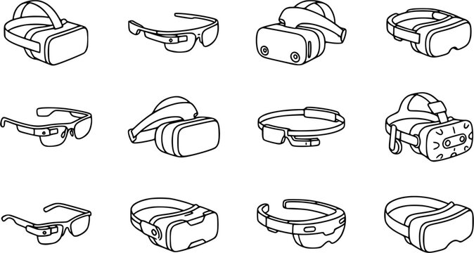 VR Headset & AR outline icon set, thin line art style, pure white background