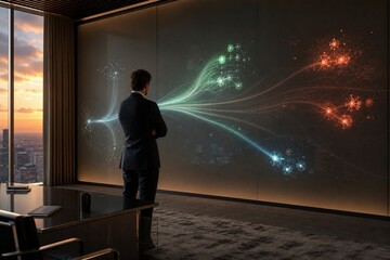 Fototapeta premium Visionary navigates a tapestry of glowing AI data in a sleek corporate suite at dusk