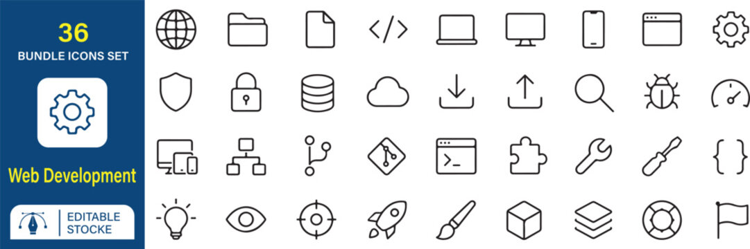 Web Development Icons Set 36 Outline Vector Symbols Programming Coding UI UX Software Engineering Collection