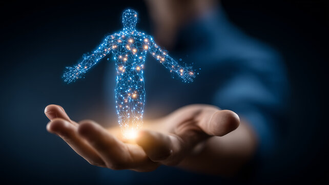 Holographic human figure above open hand, symbolizing digital identity, personal data, and human centered technology.
