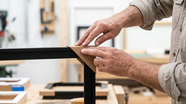 Framer attaching a protective folded brown cardboard corner onto a black picture frame in a studio