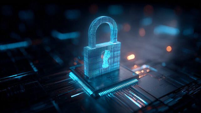 Digital padlock on a microchip, symbolizing cybersecurity protection, encrypted data, and secure technology infrastructure.
