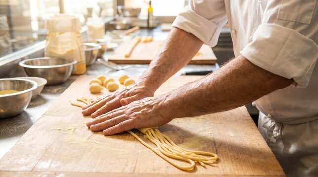 Chef hands rolling long strands of fresh homemade pasta on a wooden board