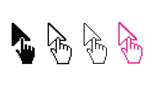 Pixel art cursor hand icons in different colors on white background