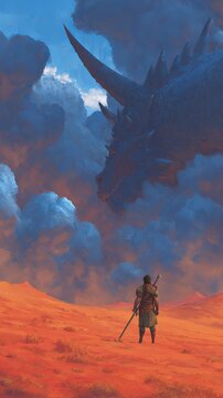 A fearless warrior awaits a mighty dragon in a colorful desert under dramatic skies   digital art
