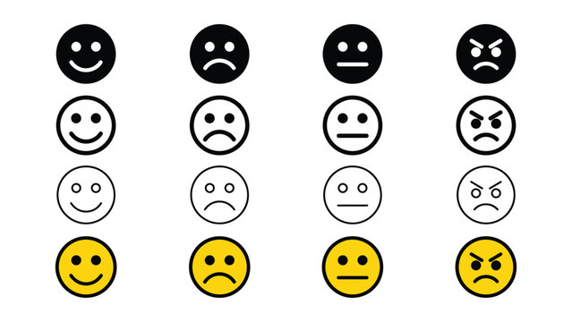 Various emoticon faces in black white and yellow on white background