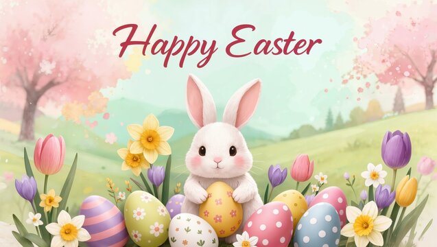 Cartes de v&oelig;ux Happy Easter avec lapin blanc, &oelig;ufs de P&acirc;ques color&eacute;s et fleurs printani&egrave;res dans un style illustr&eacute; pastel pour c&eacute;l&eacute;bration, affiche, invitation ou d&eacute;coration saisonni&egrave;re
