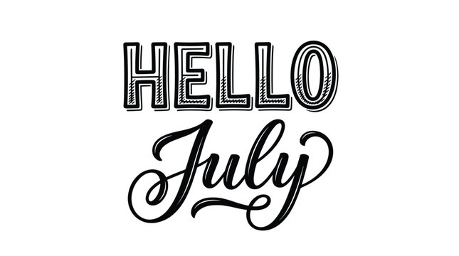 Stylish typographic greeting card design featuring the text Hello July with a mix of bold block letters and elegant cursive script lettering styles.