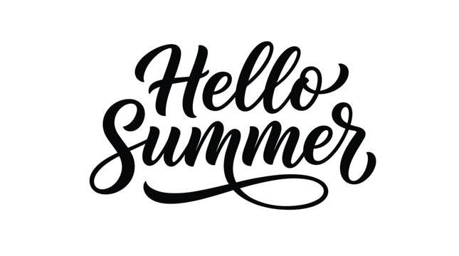Elegant black brush script calligraphy text of hello summer isolated on a white background for seasonal decor and greeting cards design projects.