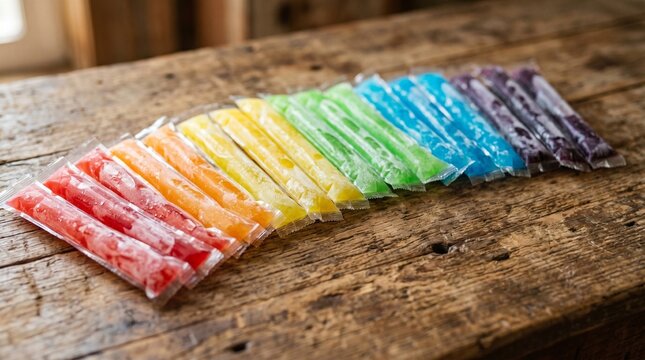 rainbow colorful freeze pops tubular wrapped arc rustic wooden background
