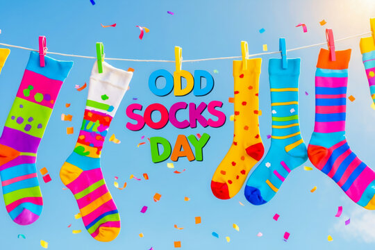 Banner poster card Odd Socks Day, Down syndrome awareness. legs wearing different pair AI Generative