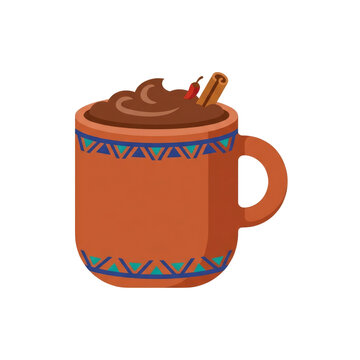 Mexican Hot Chocolate in Terracotta Mug with Cinnamon and Chili